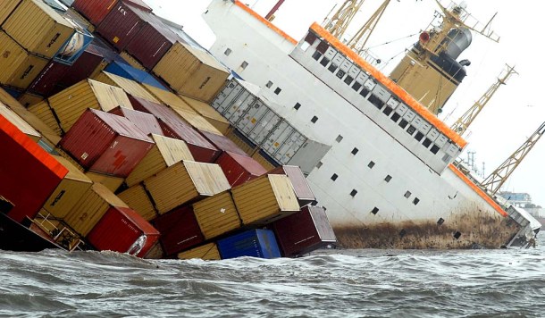 Cargo ship MSC Chitra after a collision with another similar vessel off the Mumbai coast