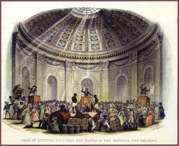 Engraving of the Slave Market at the Rotunda of the St.Louis Hotel in New Orleans where many of the Duparc slaves were bought and sold. 